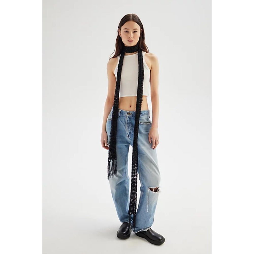 Urban Outfitters Black Netted Skinny Scarf Sequin Fringe Crochet Mesh Long